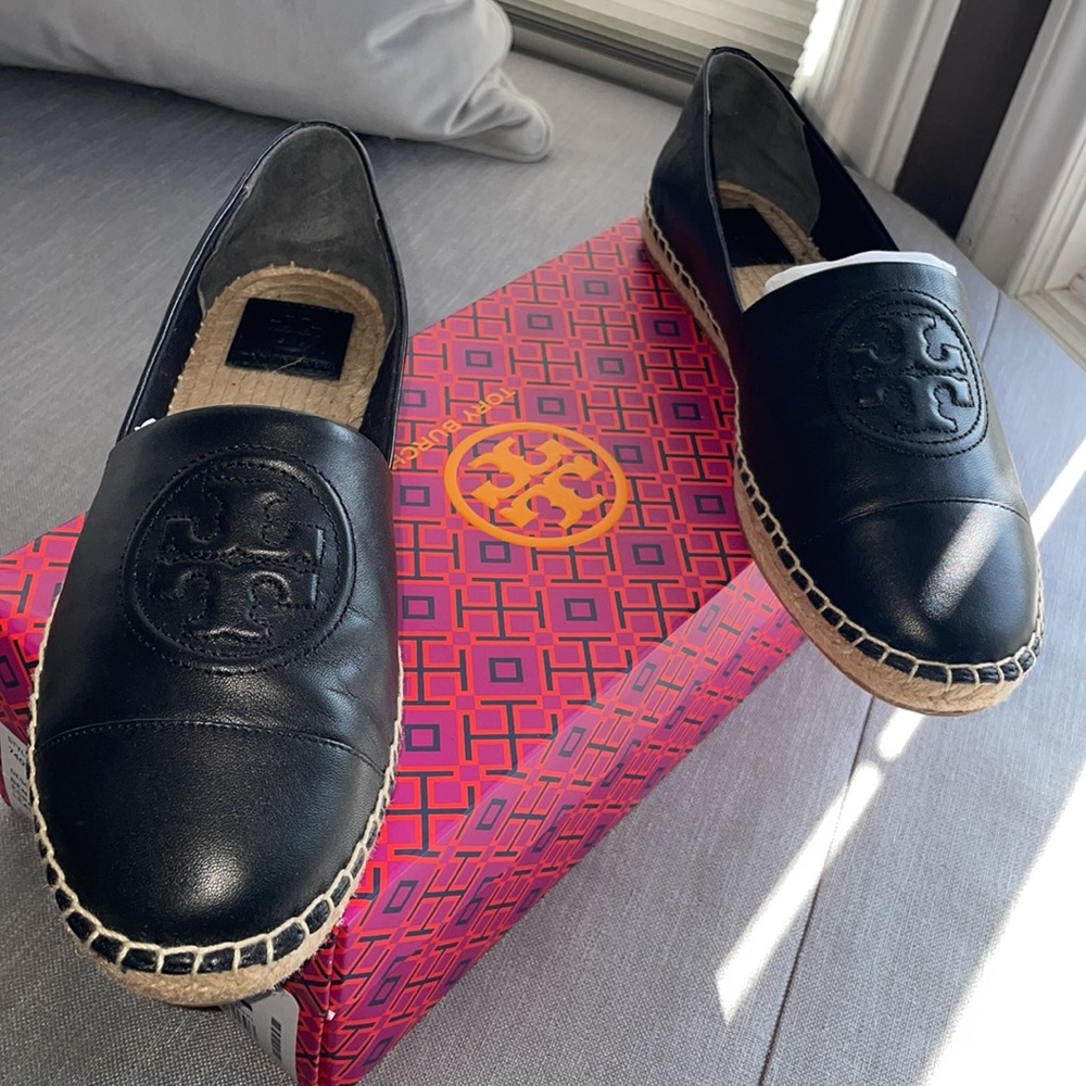 NEW! Tory Burch Benton color block Espadrille Nappa leather size 9.5 US Black